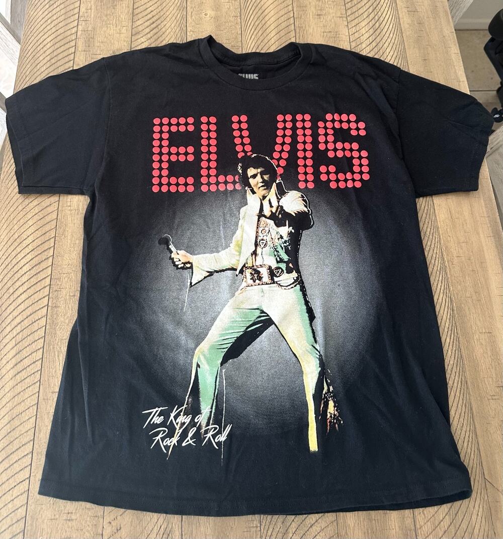 Elvis Presley The King of Rock & Roll Graphic T-Shirt Black Size Large Tee